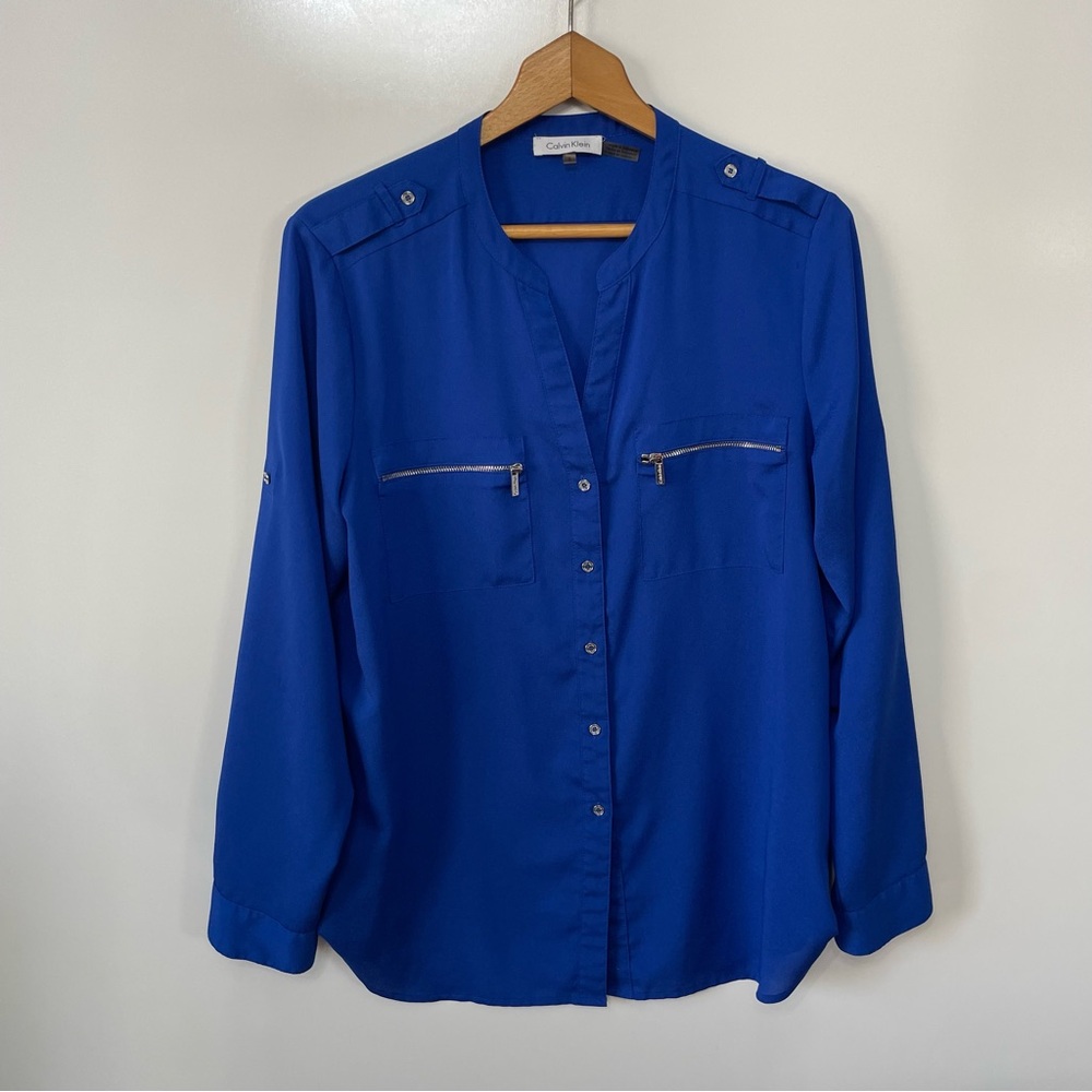Calvin Klein Moto Royal Blue Button-Down Long Sleeve Zippered Shirt Womens L